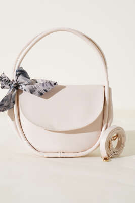 Fularlı Mıknatıslı Oval Çanta Krem - Kol Çantası