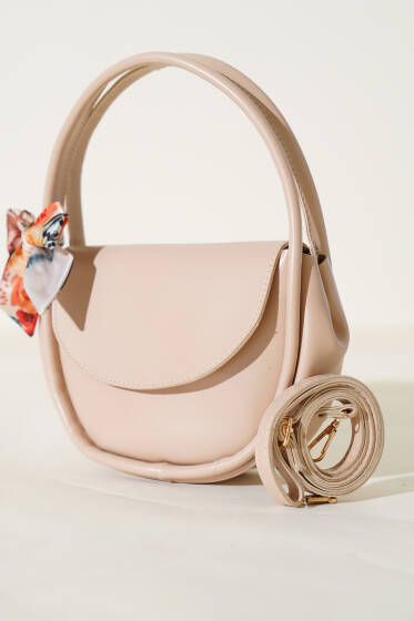 Fularlı Oval Kesim Çanta Bej - Kol Çantası