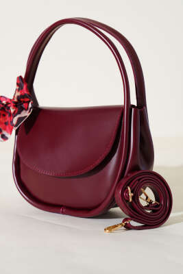 Fularlı Oval Kesim Çanta Bordo 