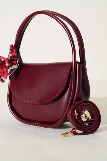 Fularlı Oval Kesim Çanta Bordo - Kol Çantası