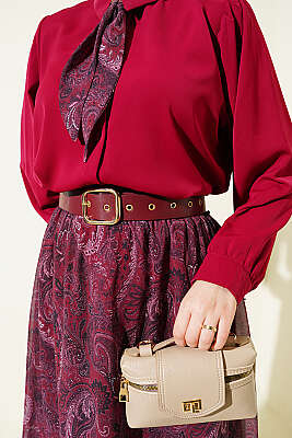 Fularlı Retro Desen Şifon Etekli Takım Bordo - İkili Takım