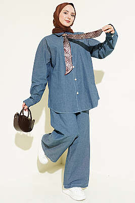 Fularlı Taş Düğmeli Kot İkili Takım Kot - İkili Takım