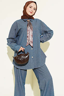 Fularlı Taş Düğmeli Kot İkili Takım Kot - İkili Takım