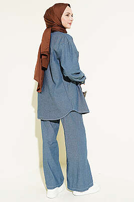 Fularlı Taş Düğmeli Kot İkili Takım Kot - İkili Takım