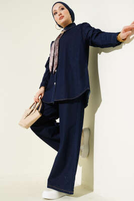 Fularlı Taş Düğmeli Kot İkili Takım Lacivert - HATUN