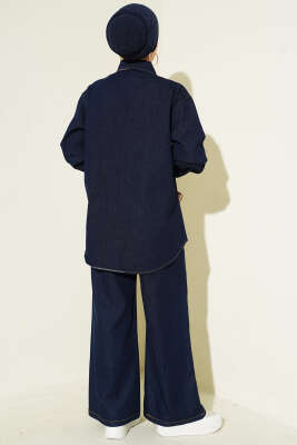 Fularlı Taş Düğmeli Kot İkili Takım Lacivert - İkili Takım