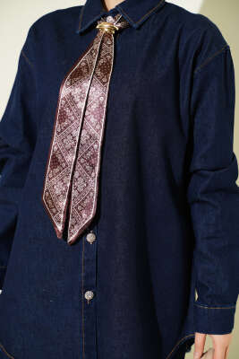 Fularlı Taş Düğmeli Kot İkili Takım Lacivert - İkili Takım