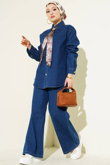 Fularlı Taş Düğmeli Kot İkili Takım Mavi - İkili Takım