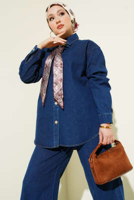 Fularlı Taş Düğmeli Kot İkili Takım Mavi - İkili Takım