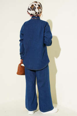 Fularlı Taş Düğmeli Kot İkili Takım Mavi - İkili Takım