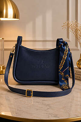 Fularlı The Tote Bag Yazılı Çanta Lacivert - GÜZEL ÇANTA