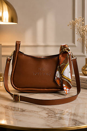 Fularlı The Tote Bag Yazılı Çanta Taba - Kol Çantası