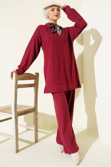 Fularlı Triko İkili Takım Bordo - İkili Takım