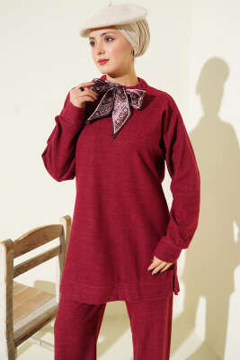 Fularlı Triko İkili Takım Bordo - İkili Takım