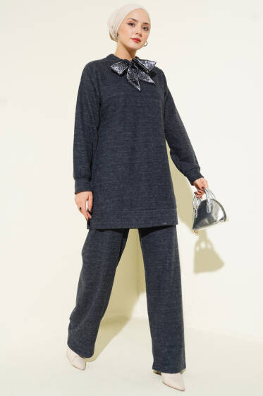 Fularlı Triko İkili Takım Füme - İkili Takım