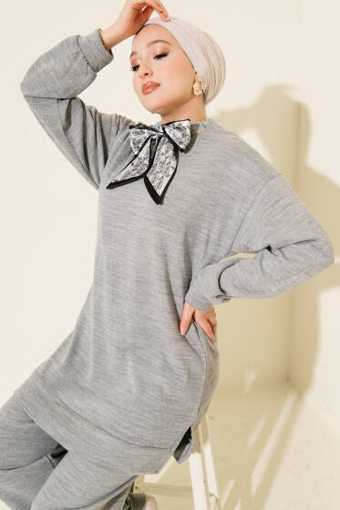 Fularlı Triko İkili Takım Gri - İkili Takım