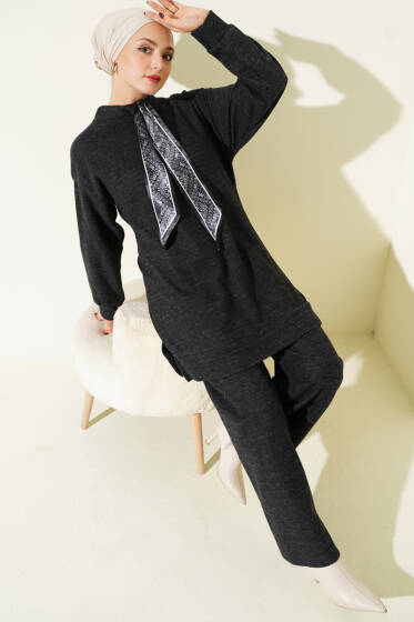 Fularlı Triko İkili Takım Siyah - İkili Takım