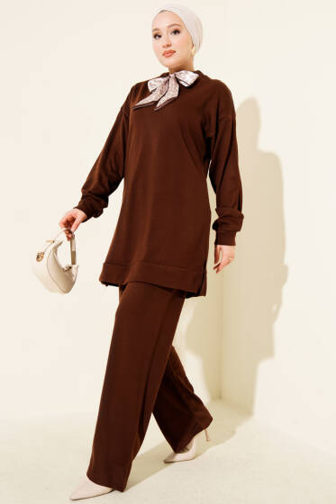 Fularlı Triko İkili Takım Kahve - İkili Takım