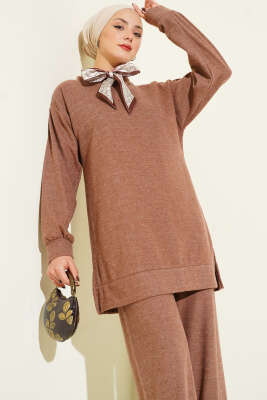 Fularlı Triko İkili Takım Sütlü Kahve - İkili Takım