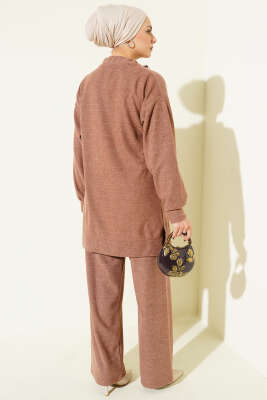 Fularlı Triko İkili Takım Sütlü Kahve - İkili Takım