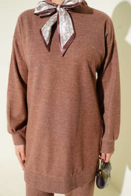 Fularlı Triko İkili Takım Sütlü Kahve - İkili Takım