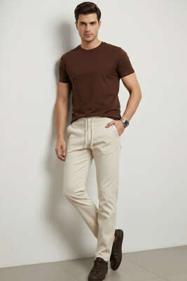 Gabardin Bel İpli Erkek Pantolon Bej - Erkek Pantolon