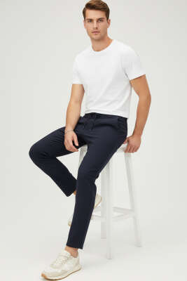 Gabardin Bel İpli Erkek Pantolon Lacivert - Erkek Pantolon