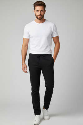 Gabardin Bel İpli Erkek Pantolon Siyah - Erkek Pantolon