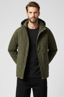 Gabardin Kapüşonlu Erkek Mont Haki - Erkek Mont