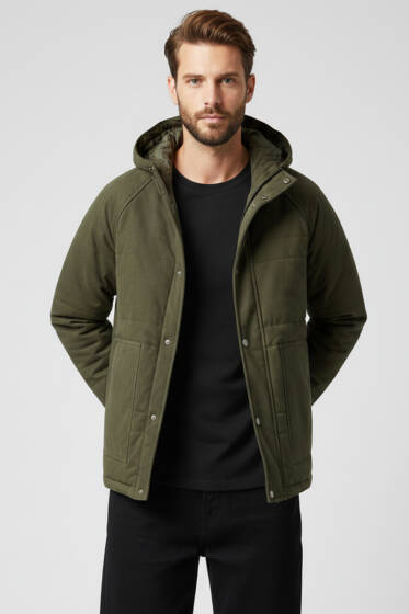 Gabardin Kapüşonlu Erkek Mont Haki - Erkek Mont