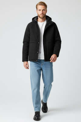 Gabardin Kapüşonlu Erkek Mont Siyah - Erkek Mont