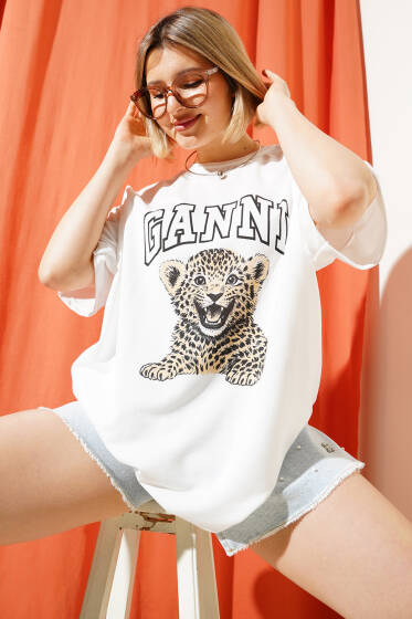 Ganni Baskılı T-shirt Beyaz - Kadın Giyim Modelleri