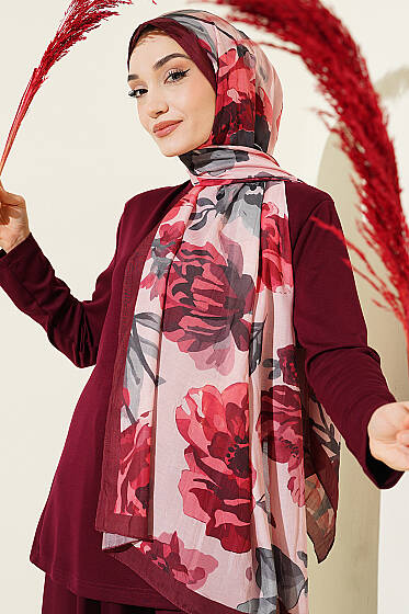 Gardenya Desen Bambu Kraş Şal Bordo - Başörtüsü
