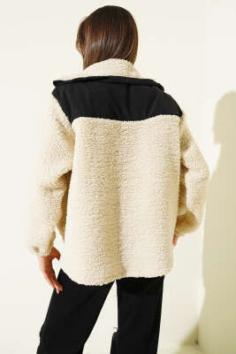 Garni Detaylı Fermuarlı Peluş Mont Bej - Kadın Giyim Modelleri