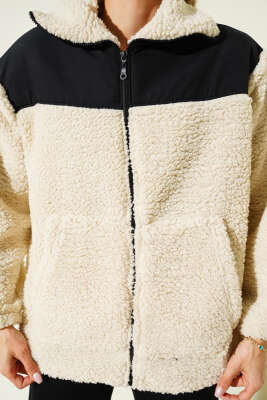 Garni Detaylı Fermuarlı Peluş Mont Bej - Kadın Giyim Modelleri