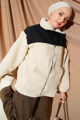 Garni Detaylı Fermuarlı Peluş Mont Bej - TİLLE