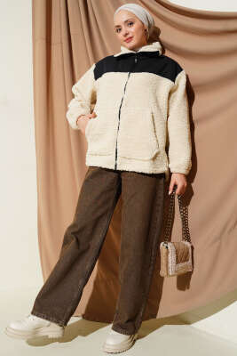 Garni Detaylı Fermuarlı Peluş Mont Bej - Mont