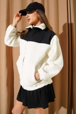 Garni Detaylı Fermuarlı Peluş Mont Ekru - TİLLE