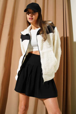 Garni Detaylı Fermuarlı Peluş Mont Ekru - Kadın Giyim Modelleri