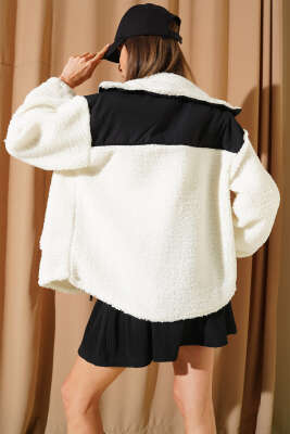 Garni Detaylı Fermuarlı Peluş Mont Ekru - Kadın Giyim Modelleri