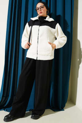 Garni Detaylı Fermuarlı Peluş Mont Ekru - Mont