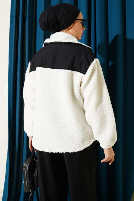 Garni Detaylı Fermuarlı Peluş Mont Ekru - Mont