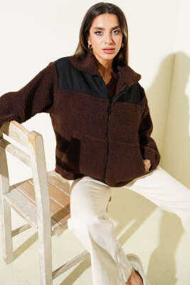 Garni Detaylı Fermuarlı Peluş Mont Kahve - TİLLE