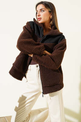Garni Detaylı Fermuarlı Peluş Mont Kahve - Kadın Giyim Modelleri