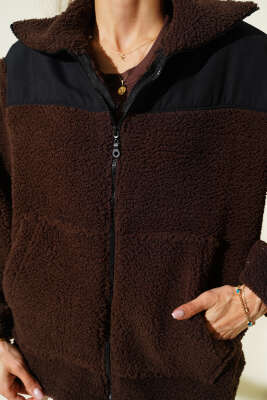 Garni Detaylı Fermuarlı Peluş Mont Kahve - Kadın Giyim Modelleri