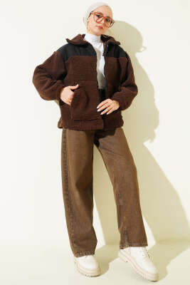 Garni Detaylı Fermuarlı Peluş Mont Kahve - Mont