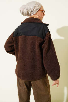 Garni Detaylı Fermuarlı Peluş Mont Kahve - Mont