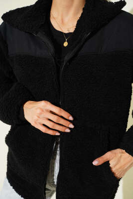 Garni Detaylı Fermuarlı Peluş Mont Siyah - Kadın Giyim Modelleri