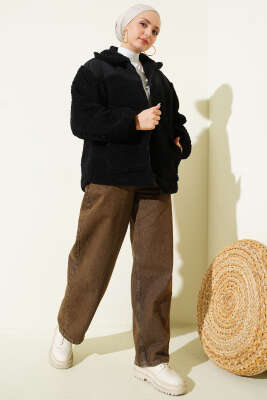 Garni Detaylı Fermuarlı Peluş Mont Siyah - Mont