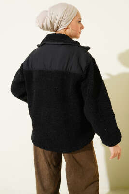 Garni Detaylı Fermuarlı Peluş Mont Siyah - Mont